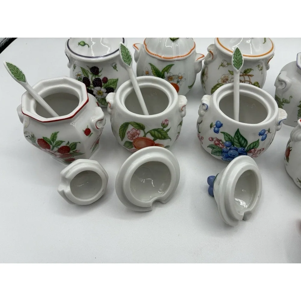 Vintage 1991 Lenox Orchard Porcelain Jam/Jelly Jars - Set of 8 with 8 spoons